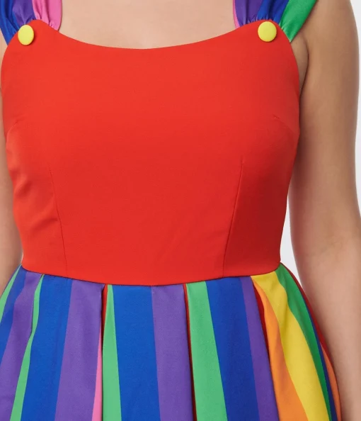 Unique Vintage Red & Rainbow Stripe Swing Dress