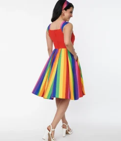 Unique Vintage Red & Rainbow Stripe Swing Dress