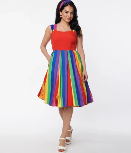 Unique Vintage Red & Rainbow Stripe Swing Dress