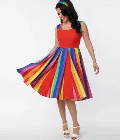 Unique Vintage Red & Rainbow Stripe Swing Dress
