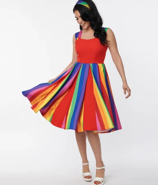 Unique Vintage Red & Rainbow Stripe Swing Dress