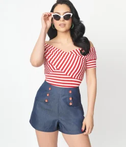 Unique Vintage Red & White Striped Off Shoulder Daydreamer Bodysuit