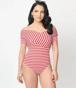 Unique Vintage Red & White Striped Off Shoulder Daydreamer Bodysuit