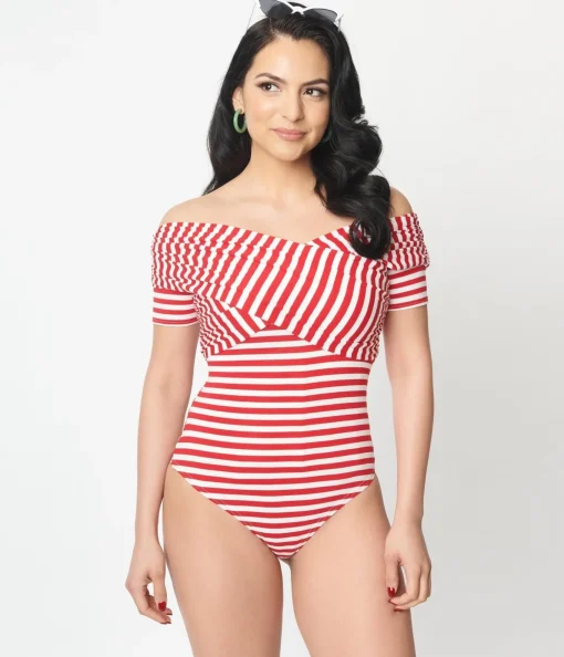 Unique Vintage Red & White Striped Off Shoulder Daydreamer Bodysuit