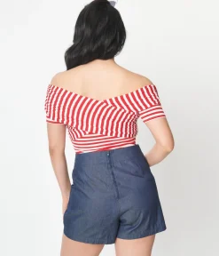 Unique Vintage Red & White Striped Off Shoulder Daydreamer Bodysuit