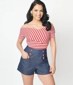 Unique Vintage Red & White Striped Off Shoulder Daydreamer Bodysuit