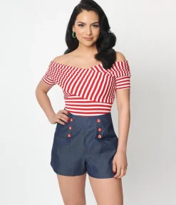 Unique Vintage Red & White Striped Off Shoulder Daydreamer Bodysuit