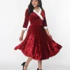 Unique Vintage Red Crushed Velvet & Ivory Fur Delores Swing Dress