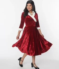 Unique Vintage Red Crushed Velvet & Ivory Fur Delores Swing Dress