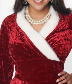 Unique Vintage Red Crushed Velvet & Ivory Fur Delores Swing Dress