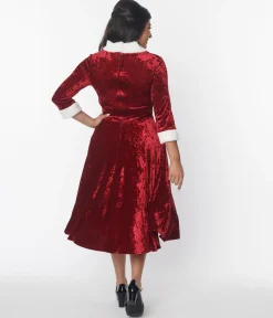 Unique Vintage Red Crushed Velvet & Ivory Fur Delores Swing Dress