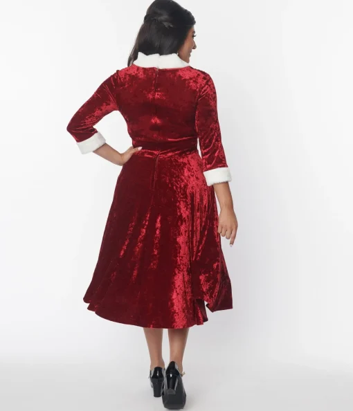 Unique Vintage Red Crushed Velvet & Ivory Fur Delores Swing Dress