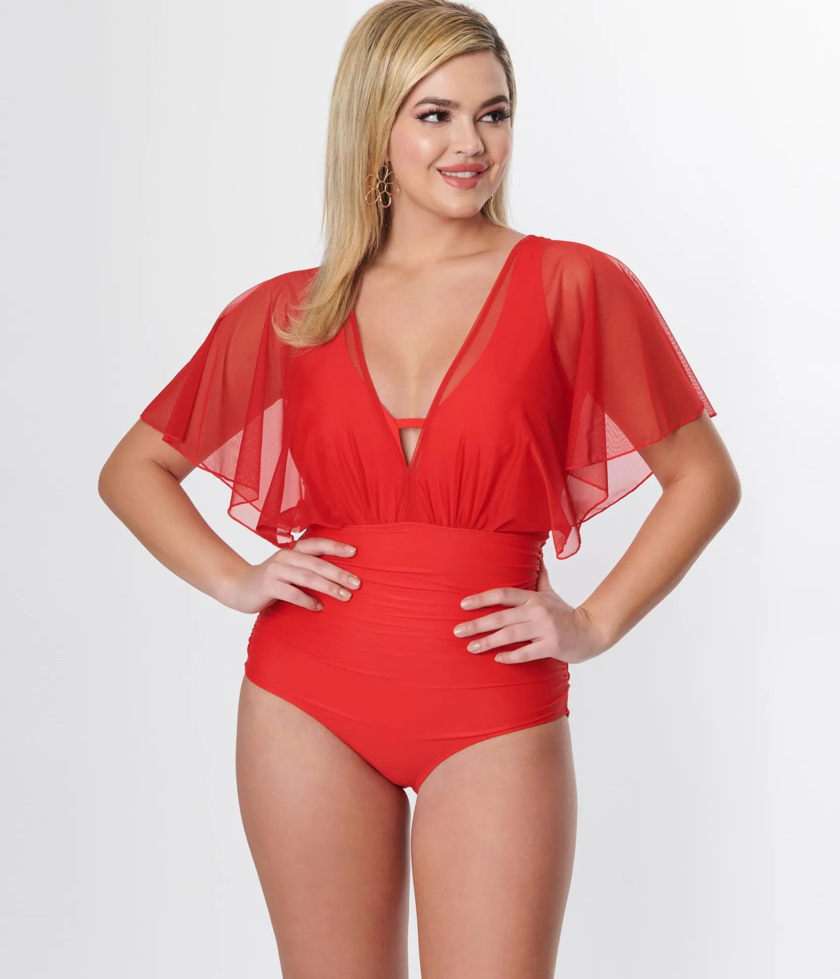 Unique Vintage Red Mesh Sleeved Torrey Swimsuit