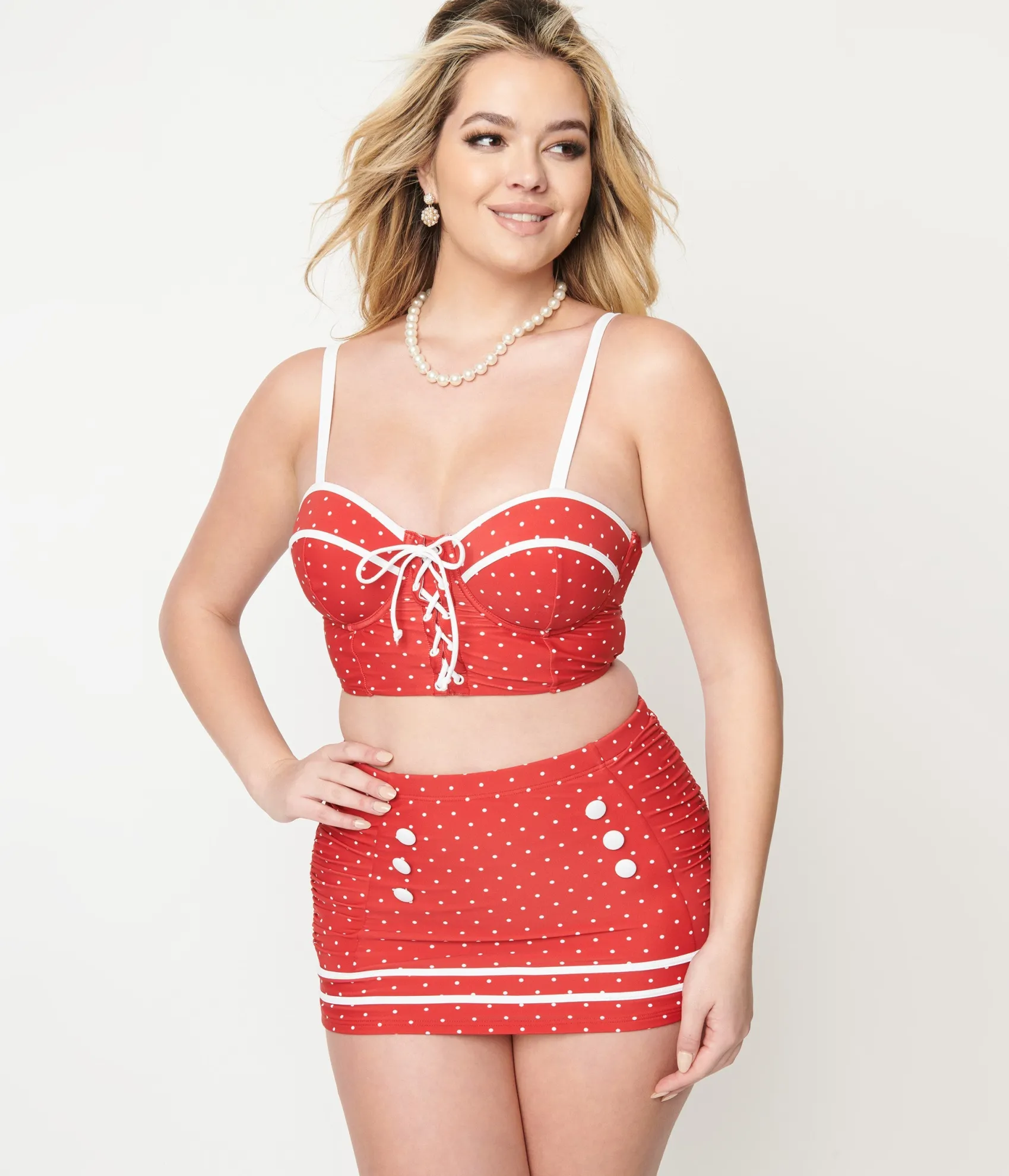 Unique Vintage Red Pin Dot Lace Up Swim Top
