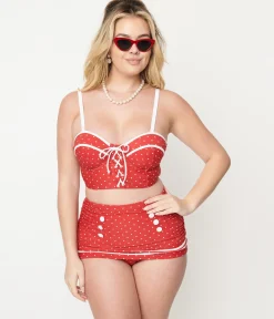 Unique Vintage Red Pin Dot Lace Up Swim Top