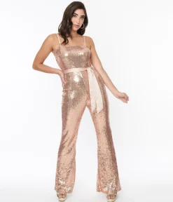 Unique Vintage Rose Gold Sequin Flare Jumpsuit