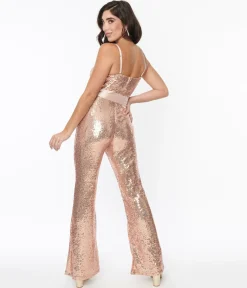 Unique Vintage Rose Gold Sequin Flare Jumpsuit
