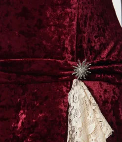 Unique Vintage 1920s Burgundy Crushed Velvet & Ivory Lace Flapper Dress