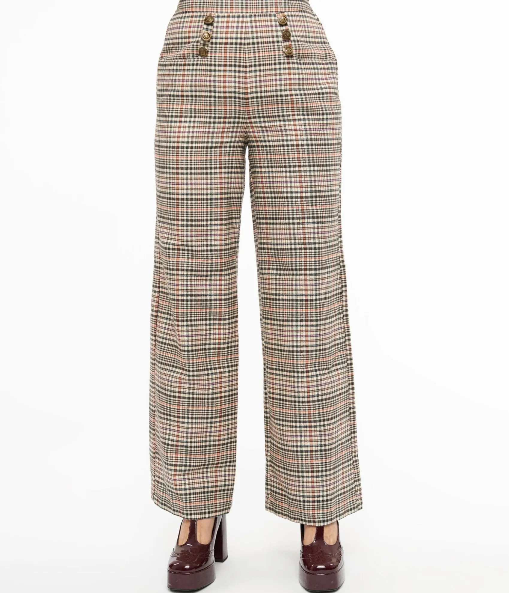 Unique Vintage 1940s Beige Plaid High Waist Sailor Ginger Pants