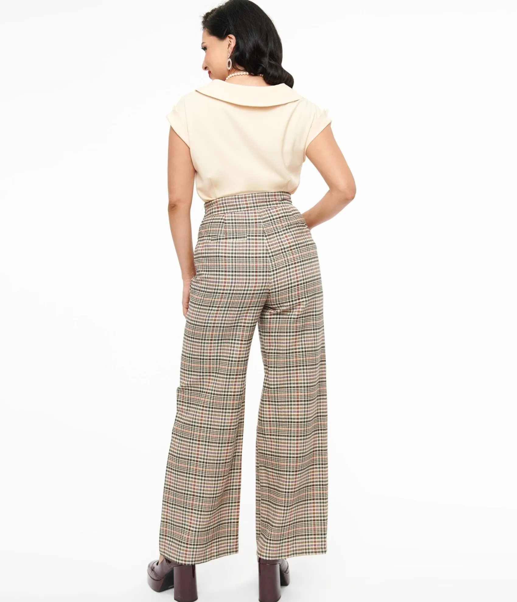 Unique Vintage 1940s Beige Plaid High Waist Sailor Ginger Pants
