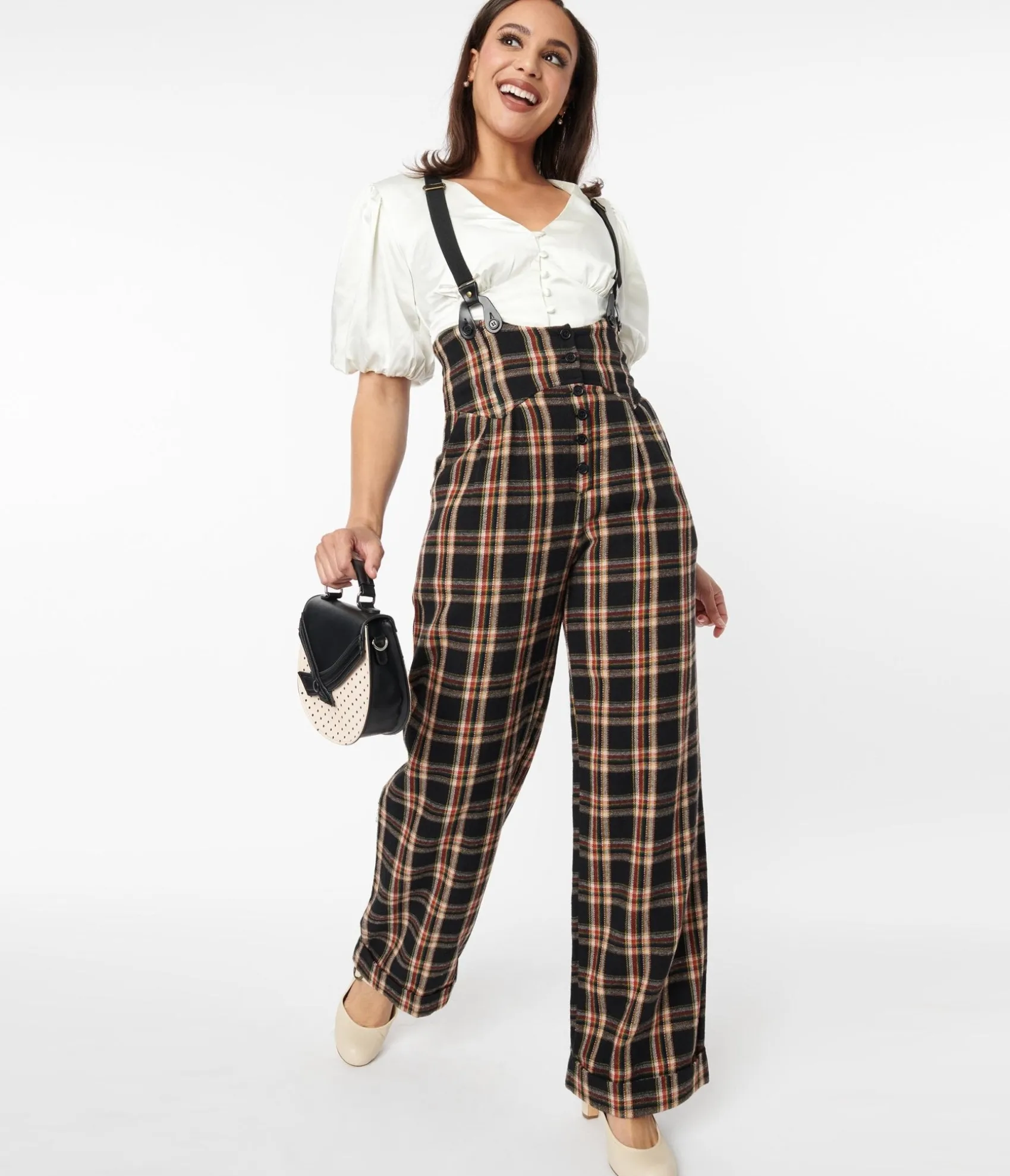 Unique Vintage 1930s Black & Auburn Plaid Thelma Suspender Pants