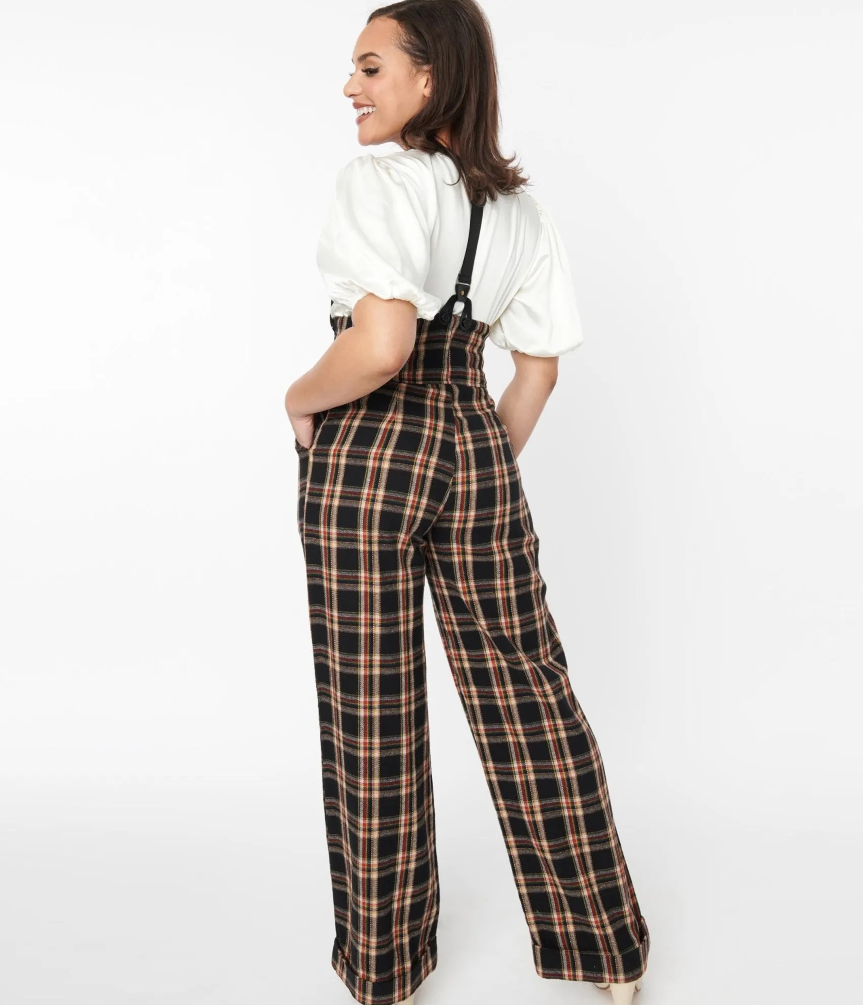 Unique Vintage 1930s Black & Auburn Plaid Thelma Suspender Pants