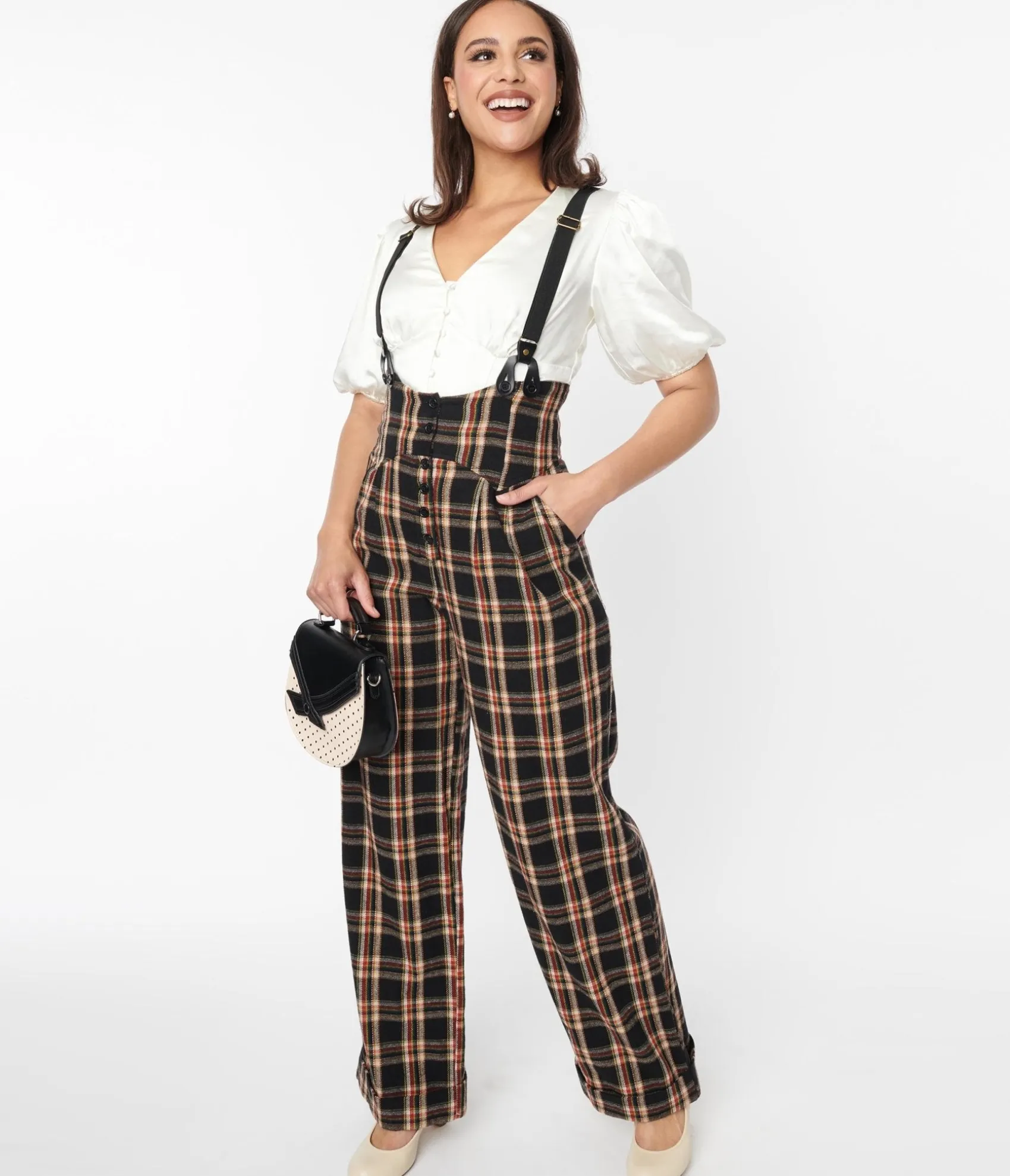 Unique Vintage 1930s Black & Auburn Plaid Thelma Suspender Pants
