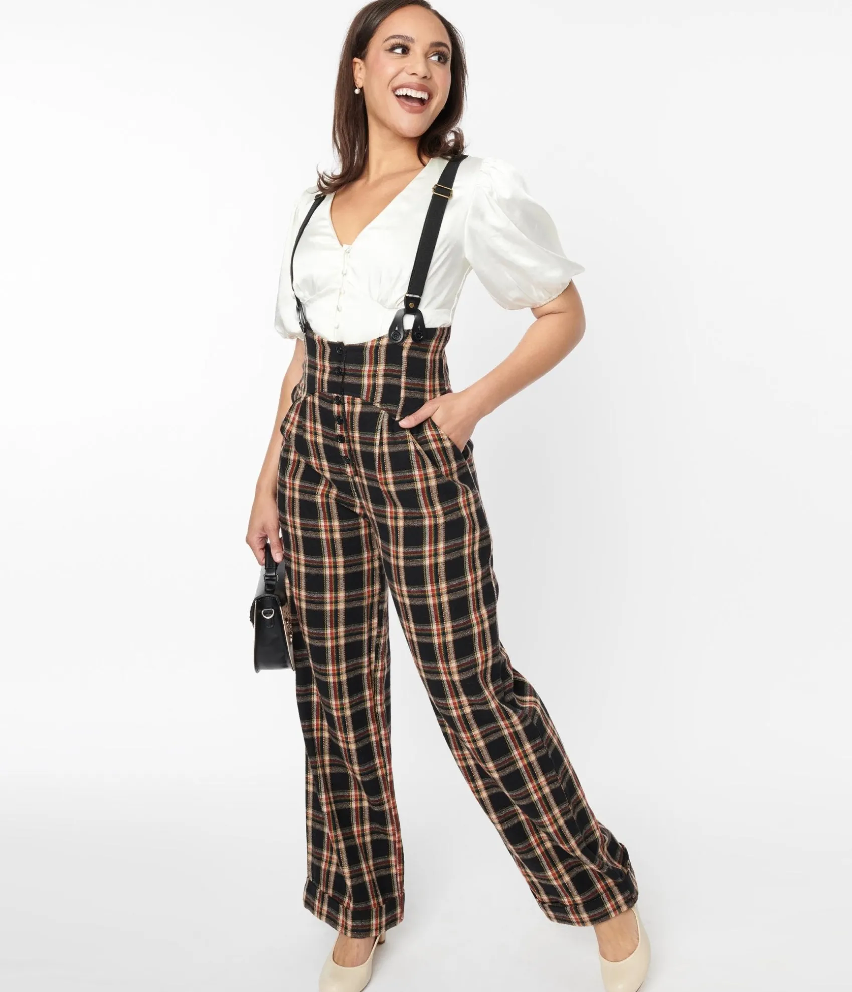 Unique Vintage 1930s Black & Auburn Plaid Thelma Suspender Pants