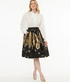 Unique Vintage 1950s Black & Gold Foil Feather Gellar Swing Skirt