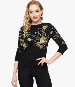 Unique Vintage 1950s Black & Gold Celestial Minou Sweater