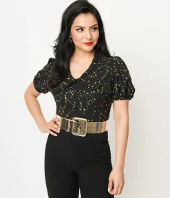 Unique Vintage 1930s Black & Gold Stars Oversized Collar Blouse