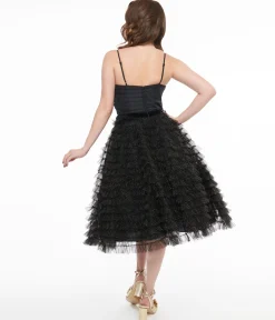 Unique Vintage 1950s Black & Gold Glitter Tulle Cupcake Swing Dress
