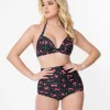 Unique Vintage 1950s Black & Hot Pink Cherry Pin Dot Monroe Swim Bottom