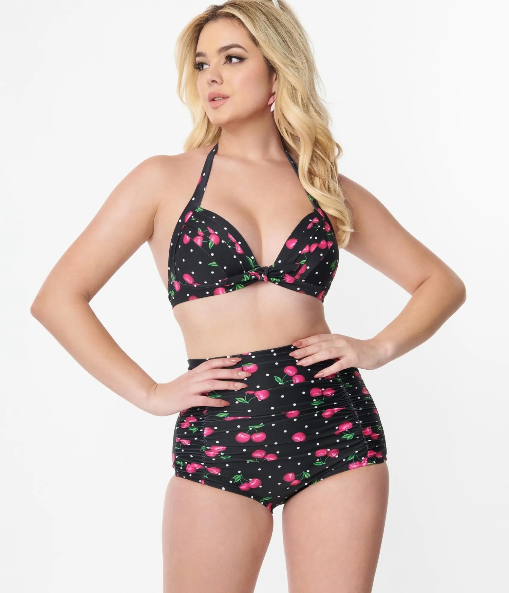 Unique Vintage 1950s Black & Hot Pink Cherry Pin Dot Monroe Swim Bottom