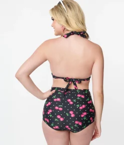 Unique Vintage 1950s Black & Hot Pink Cherry Pin Dot Monroe Swim Bottom