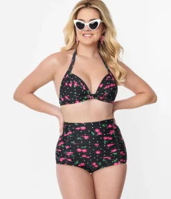 Unique Vintage 1950s Black & Hot Pink Cherry Pin Dot Monroe Swim Bottom
