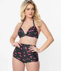 Unique Vintage 1950s Black & Hot Pink Cherry Pin Dot Monroe Swim Bottom