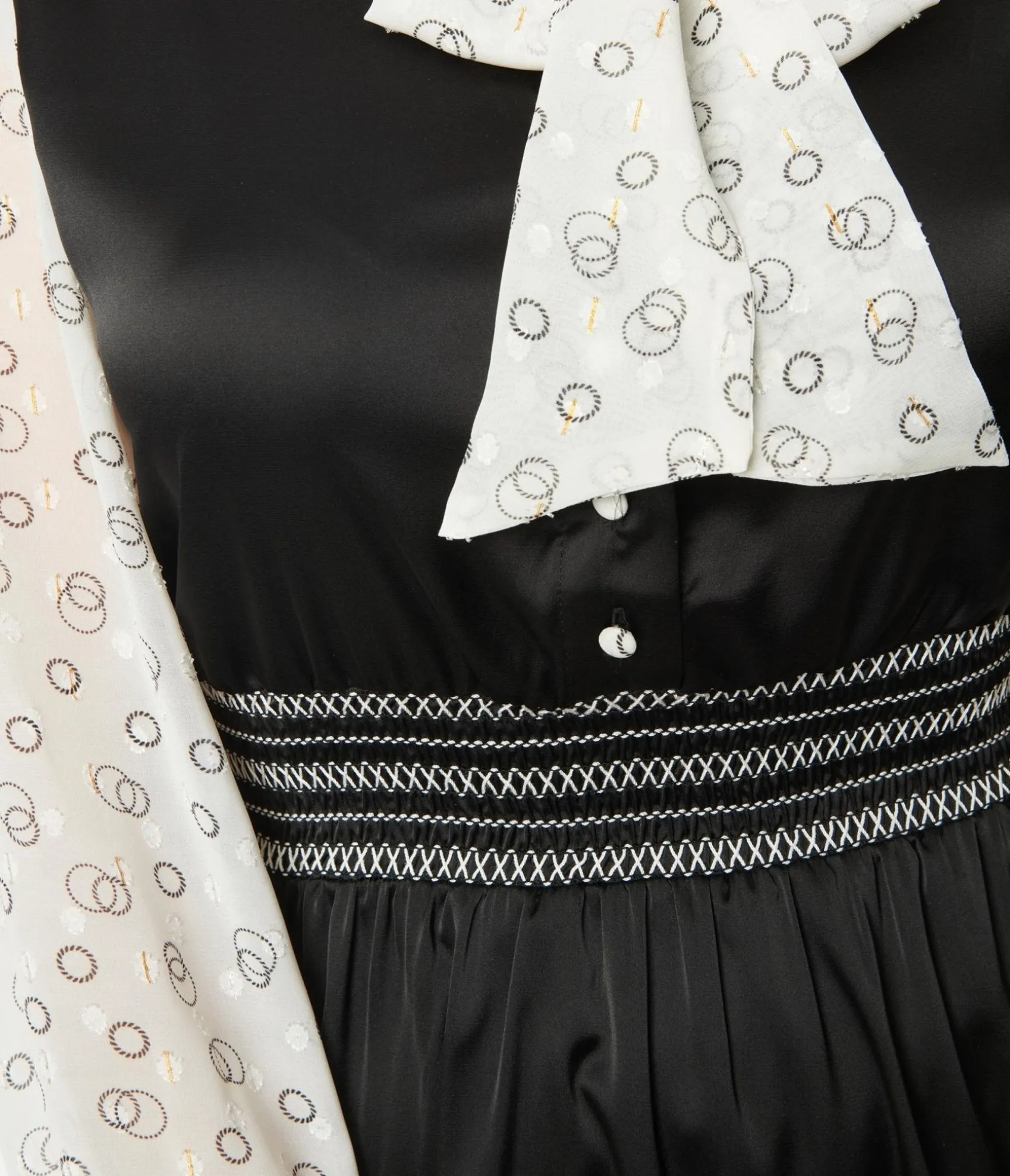 Unique Vintage 1970s Black & Ivory Neck Tie Flare Dress