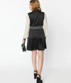 Unique Vintage 1970s Black & Ivory Neck Tie Flare Dress