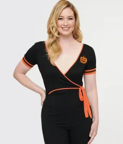 Unique Vintage 1970s Black & Orange Pumpkin Surplice Bodysuit
