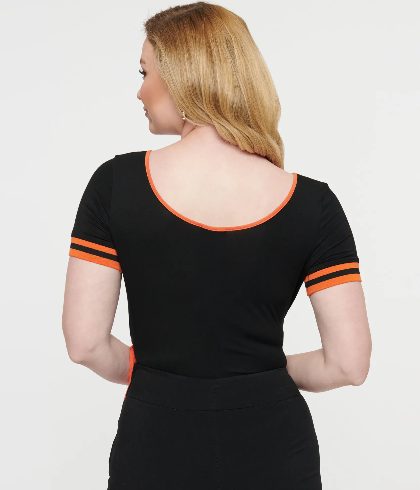 Unique Vintage 1970s Black & Orange Pumpkin Surplice Bodysuit