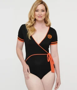 Unique Vintage 1970s Black & Orange Pumpkin Surplice Bodysuit