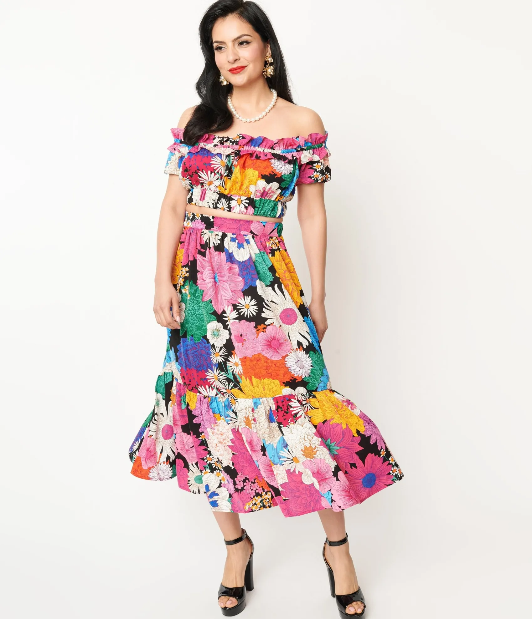 Unique Vintage 1970s Black & Rainbow Floral Midi Skirt