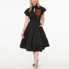 Unique Vintage 1940s Black & Red Poinsettia Baltimore Swing Dress