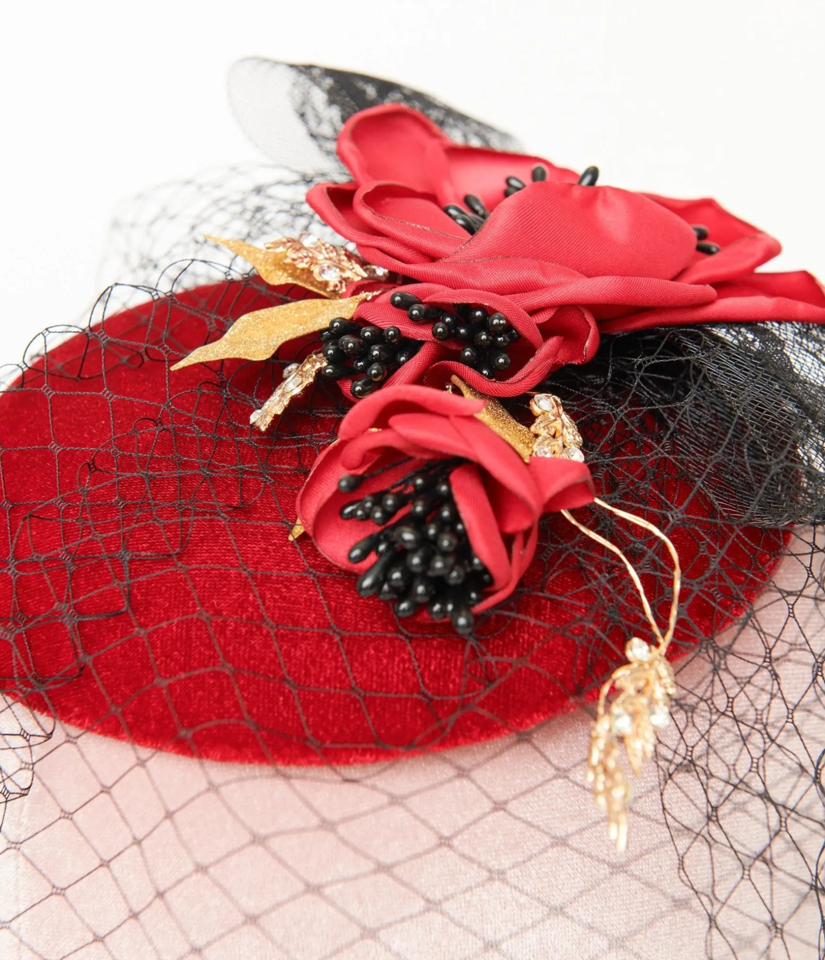 Unique Vintage 1950s Black & Red Floral Fascinator Hat