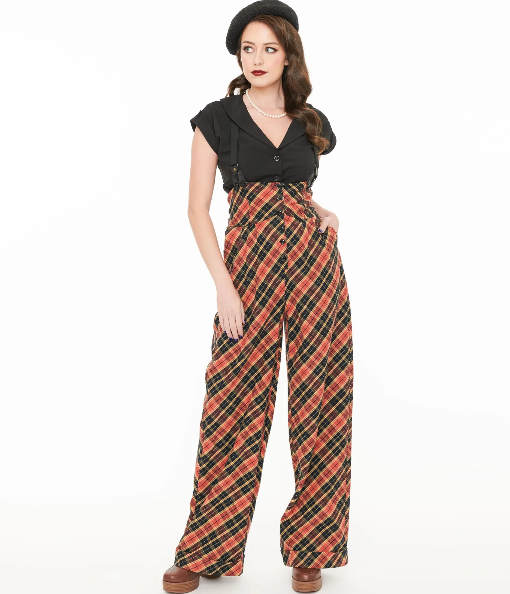Unique Vintage 1930s Black & Rust Plaid Thelma Suspender Pants