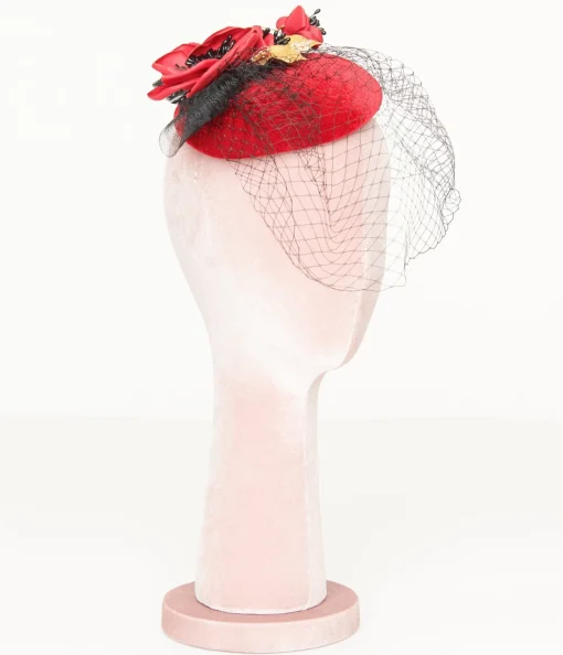 Unique Vintage 1950s Black & Red Floral Fascinator Hat