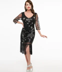 Unique Vintage 1920s Black & Silver Moon & Stars Sequin Margaux Flapper Dress