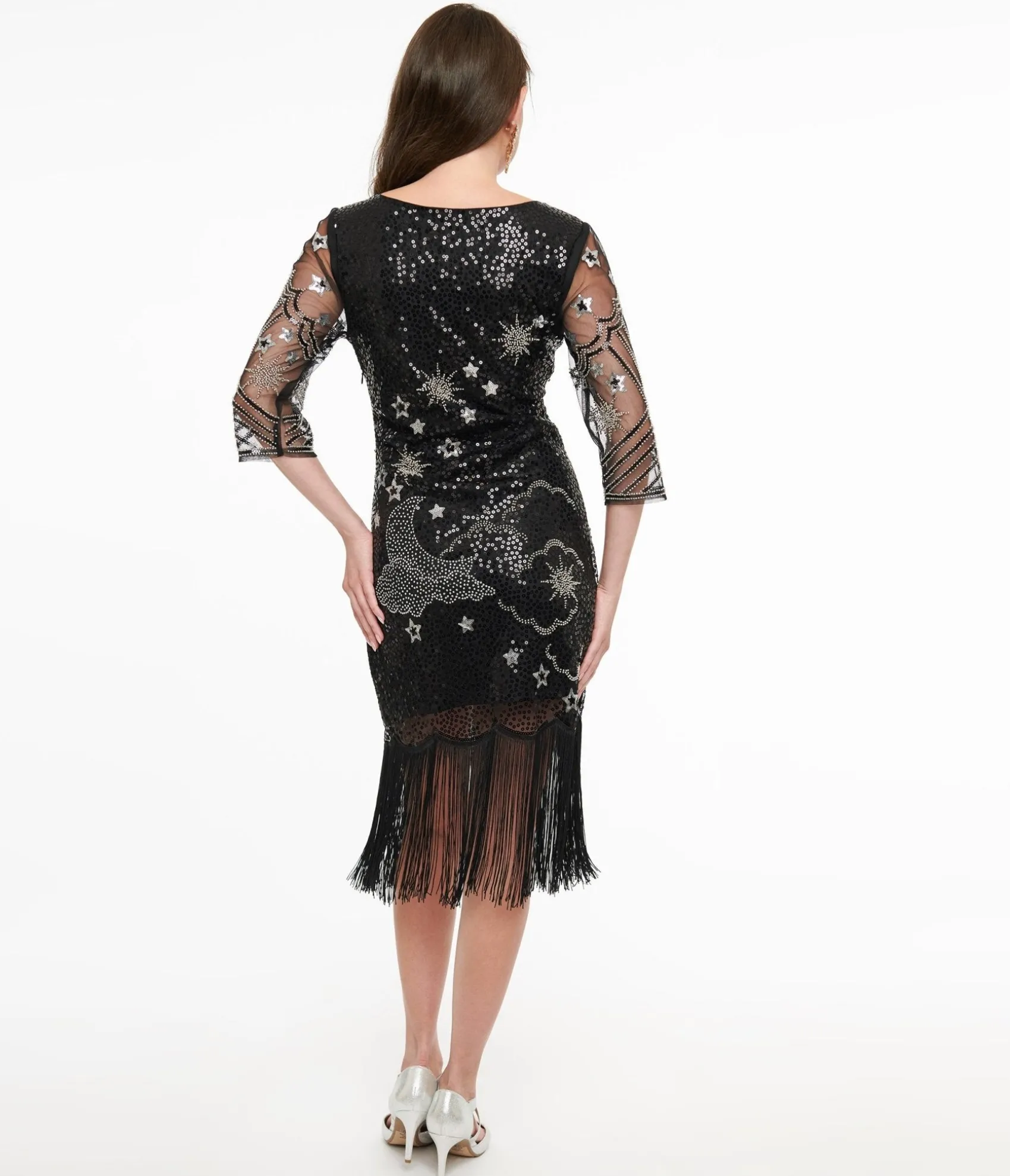 Unique Vintage 1920s Black & Silver Moon & Stars Sequin Margaux Flapper Dress