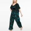 Unique Vintage 1970s Black & Teal Velvet Floral Burnout Caftan Jumpsuit